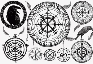 vegvisir with all who wander are not lost in runes around it and two ravens tattoo idea
