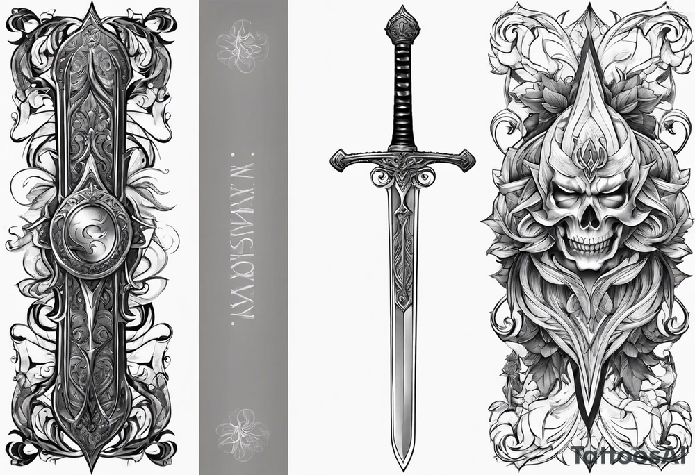 Fantasy sword thin delicate tattoo idea