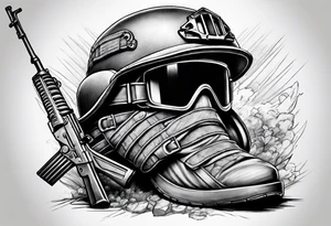 battlefield cross with helmet, m-16 and boots tattoo idea