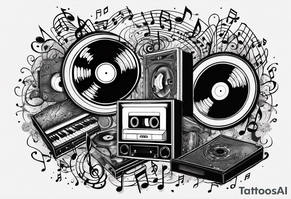 music notes surrounded by a record, a cassette tape, and saxophone parts tattoo idea