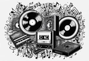 music notes surrounded by a record, a cassette tape, and saxophone parts tattoo idea