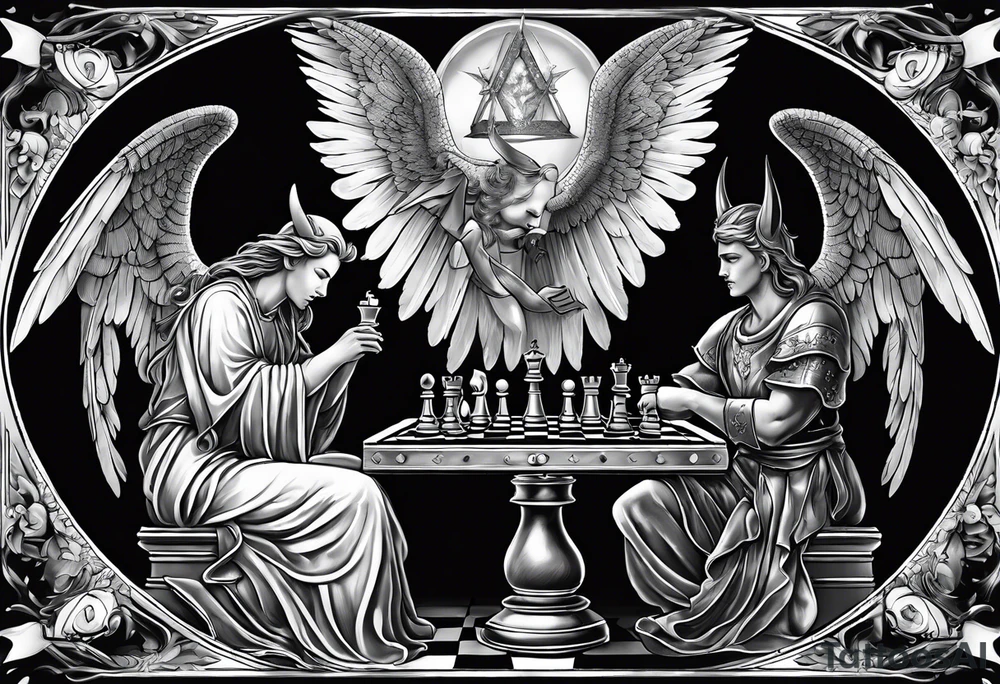 Depict an angel and devil engaged in a chess game, with the chessboard reflecting the cosmic battleground between good and evil, symbolizing the strategic nature of the eternal conflict. tattoo idea