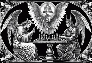 Depict an angel and devil engaged in a chess game, with the chessboard reflecting the cosmic battleground between good and evil, symbolizing the strategic nature of the eternal conflict. tattoo idea