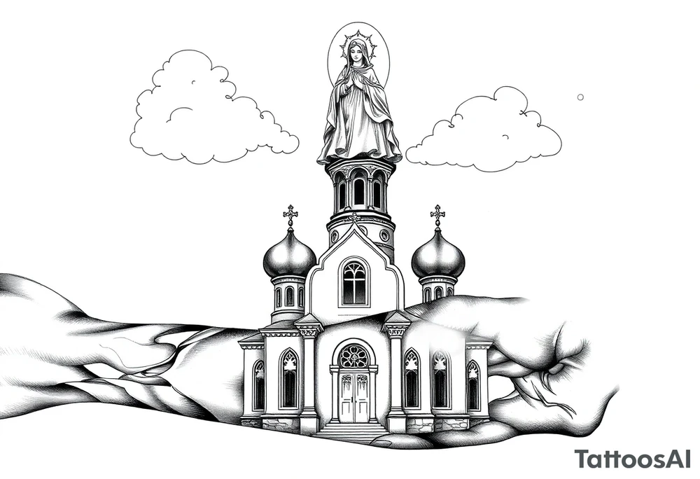 Russian Orthodox church with orthodox spire crosses, with clouds above it and a virgin mary seperately over looking sat above tattoo idea