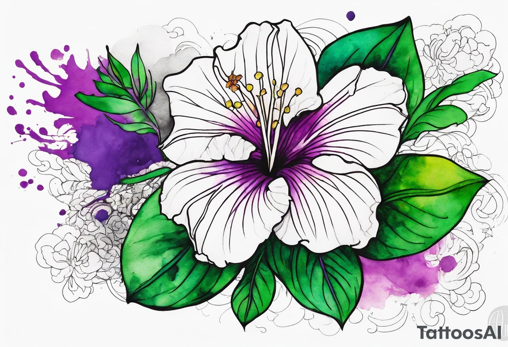An outline of a rio dipladenia flower with a green and purple watercolor splash in the background tattoo idea