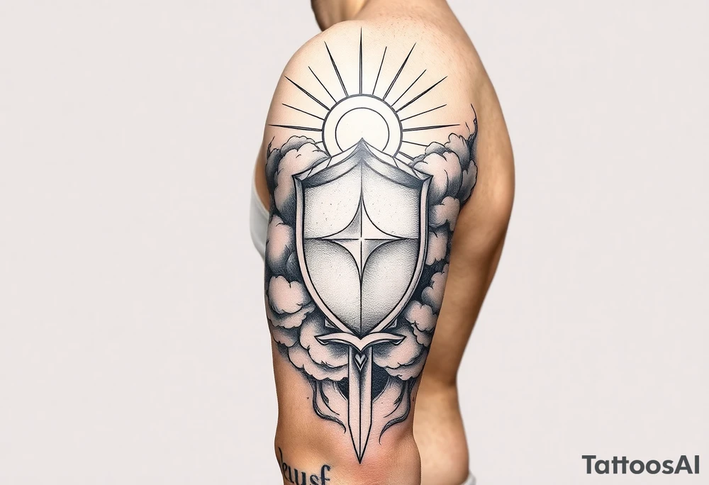 clouds, shield, sword, sun ray tattoo idea