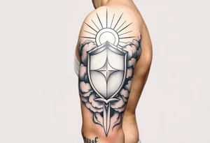 clouds, shield, sword, sun ray tattoo idea