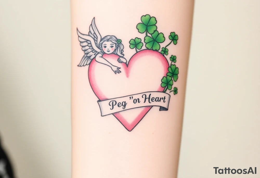 a big pale pink heart and an angel and a bunch of green shamrocks, with a banner across the heart that says Peg 'o My Heart tattoo idea