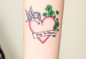 a big pale pink heart and an angel and a bunch of green shamrocks, with a banner across the heart that says Peg 'o My Heart tattoo idea