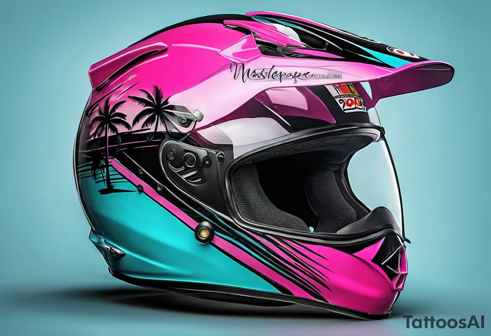 Formula 1 helment with miami name a palm tree and light blue black and pink colors tattoo idea