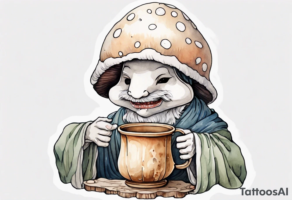 a mushroom person with a fur-covered face wearing a mushroom hat wearing a medieval tunic drinking from a wood cup, laughing tattoo idea