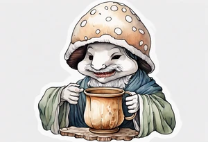 a mushroom person with a fur-covered face wearing a mushroom hat wearing a medieval tunic drinking from a wood cup, laughing tattoo idea