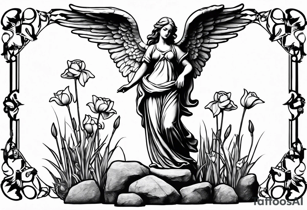 Simple Angel statue stood on a rock with daffodils and roses wrapped around its legs tattoo idea