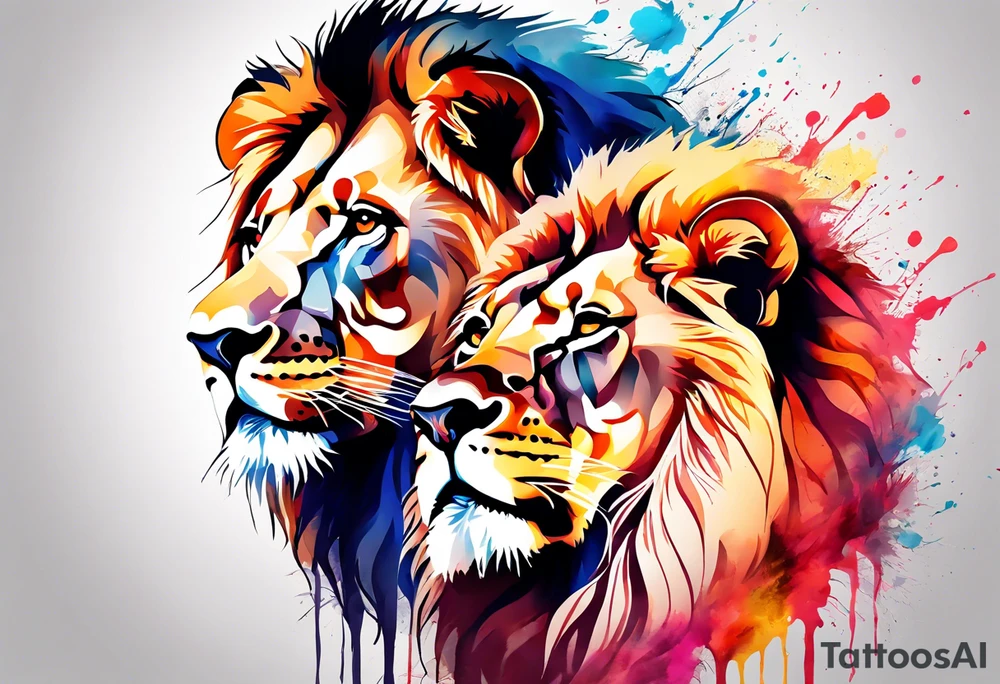 Lion and Lioness Tattoo. Water Colour splash back. Lion on one side, Lioness on the other. Power and love tattoo idea