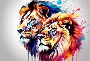 Lion and Lioness Tattoo. Water Colour splash back. Lion on one side, Lioness on the other. Power and love tattoo idea