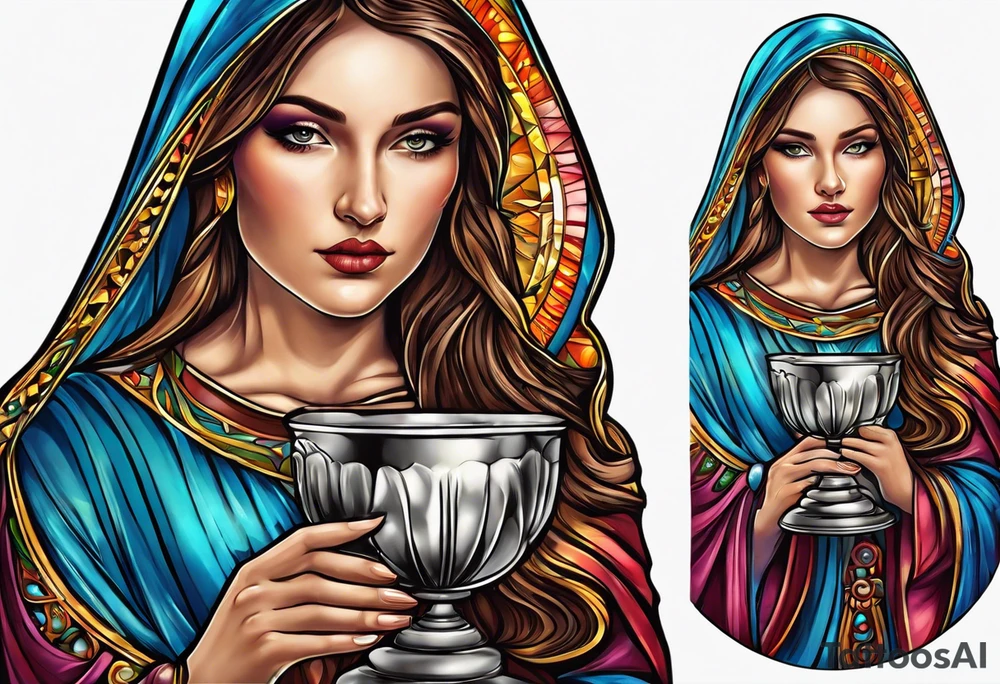 holy saint woman turned away
 holding a chalice tattoo idea