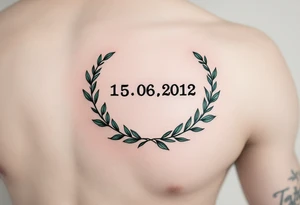15.06.2012 in typewriter font encased in a dusty green laurel wreath. tattoo idea