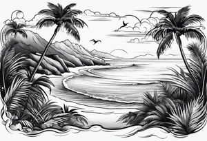 simple beach landscape on upper arm with palm trees tattoo idea