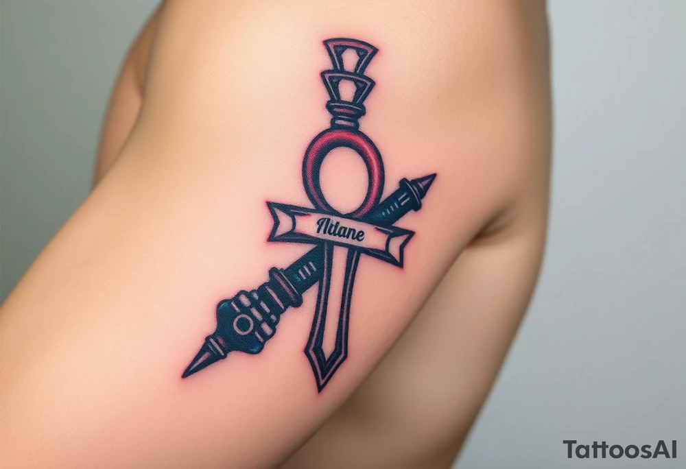 A Hand Holding an Ankh with a Name Written Inside(only red, blue and black are possible colors) tattoo idea