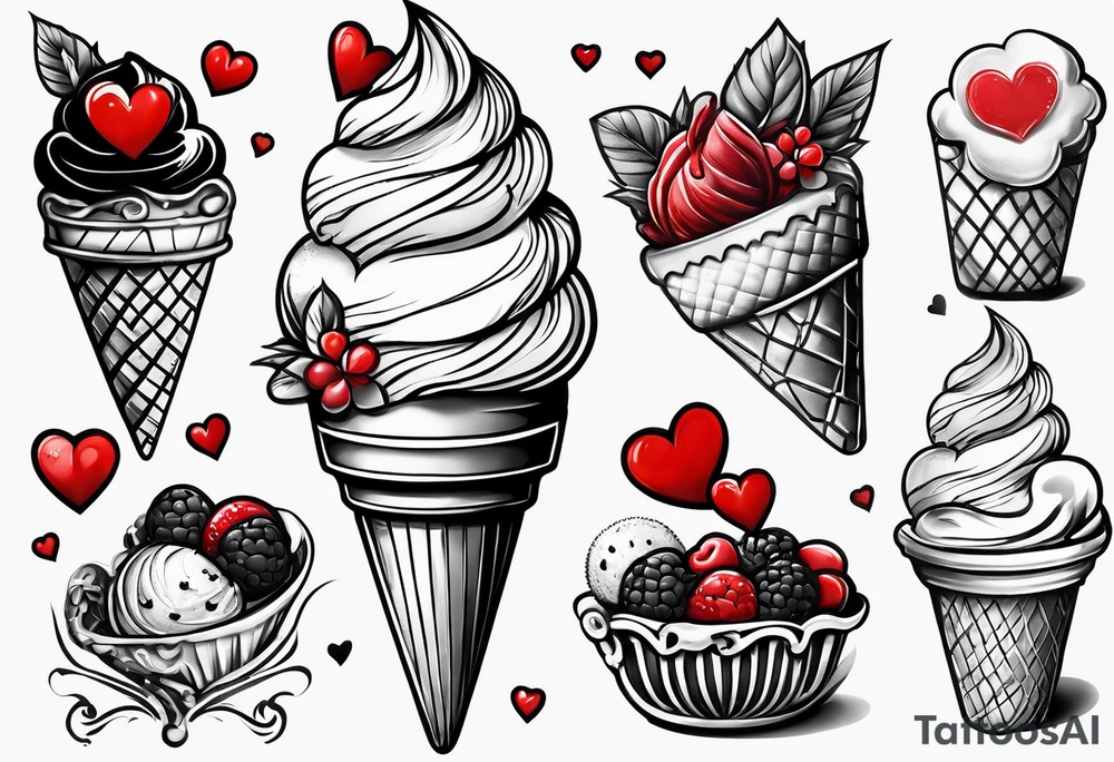 black and white ice cream cone with small red heart on it somewhere. tattoo idea