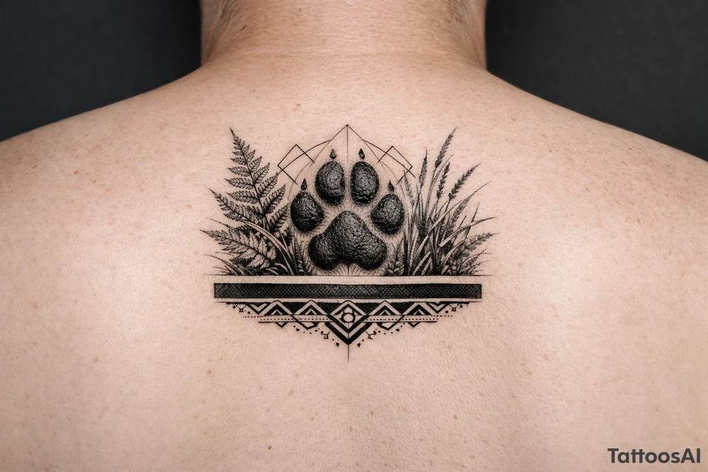 Kapradí, traviny, geometrie, otisk packy psa na paži, mezi kapradim a travinami geometrické vzory jemné, pod černý proužek, světlý proužek tattoo idea