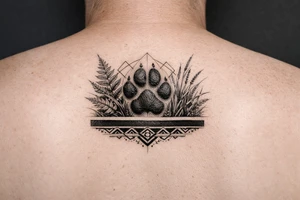 Kapradí, traviny, geometrie, otisk packy psa na paži, mezi kapradim a travinami geometrické vzory jemné, pod černý proužek, světlý proužek tattoo idea