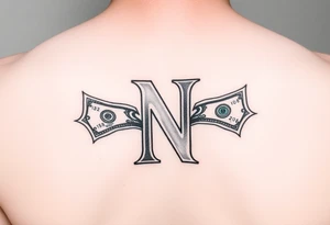 Small Letter N with a dollar bill coming out from the sides tattoo idea