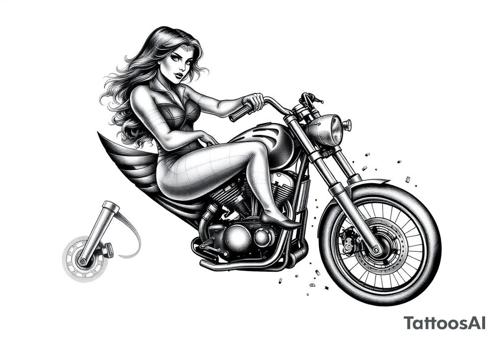 woman on a motorcycle combined with a gambling theme all sleeve tattoo idea