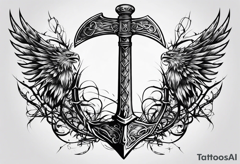 Valhalla sword shield axe barbed wire tattoo idea