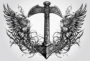 Valhalla sword shield axe barbed wire tattoo idea