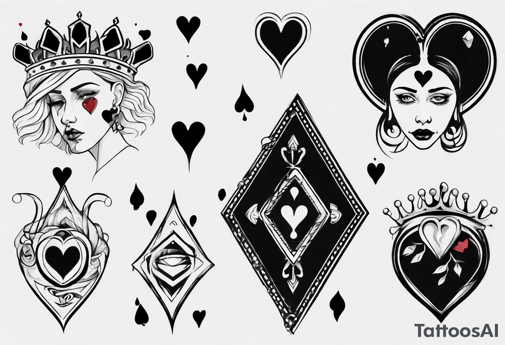 simple queen of hearts crying black tears, with blank eyes tattoo idea