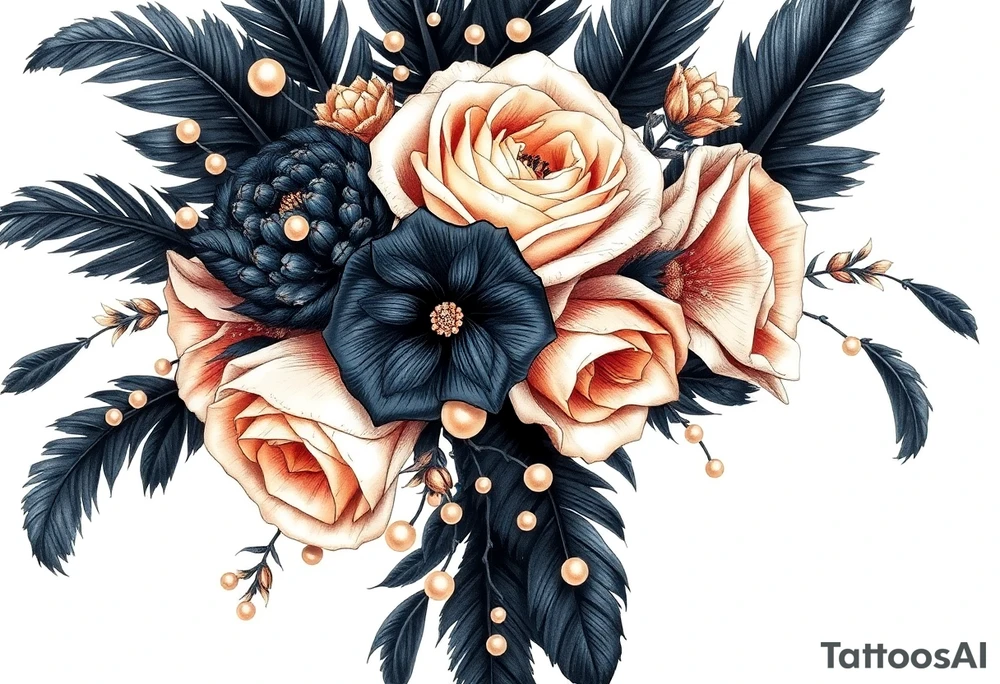A wedding bouquet of black , cream and  rosegold flowers surrounded by black feathers as the wrapping with one single pearl along the spine of each feather tattoo idea