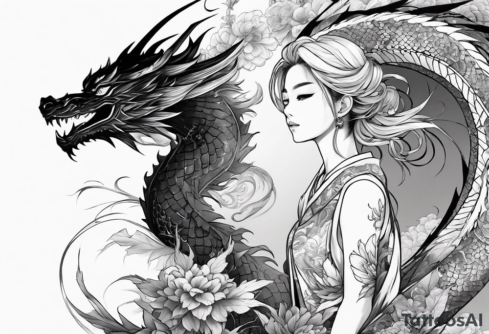 a full shot of an anime girl seen from far, surrounded by asian dragon with wings tattoo idea