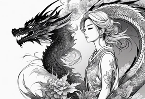 a full shot of an anime girl seen from far, surrounded by asian dragon with wings tattoo idea