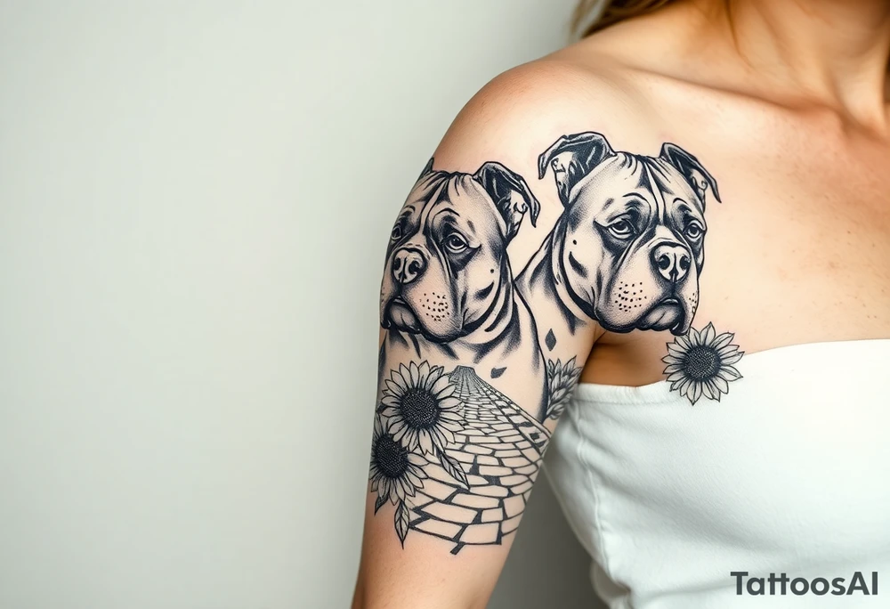 Multiple very thick muscled up pitbulls' portraits fading into the background as filler incorporate sunflowers, an old road made from pavers tattoo idea