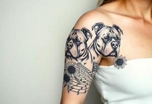 Multiple very thick muscled up pitbulls' portraits fading into the background as filler incorporate sunflowers, an old road made from pavers tattoo idea