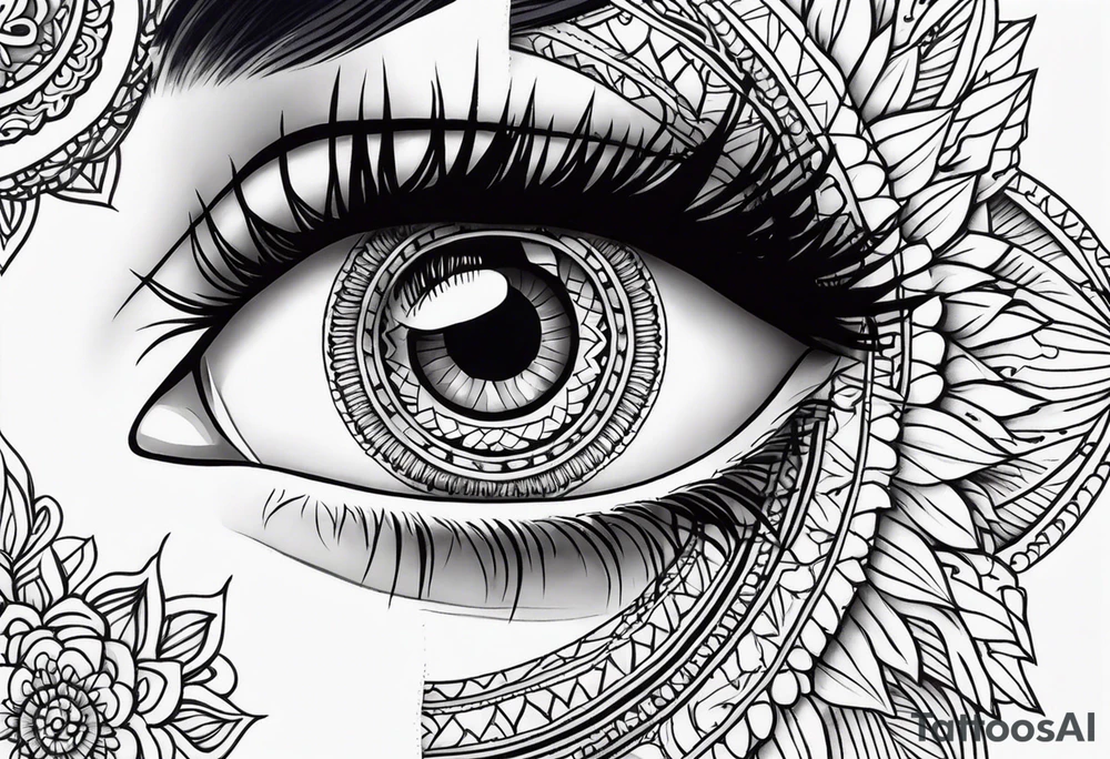 Mandala design with realistic woman’s eye in the center tattoo idea