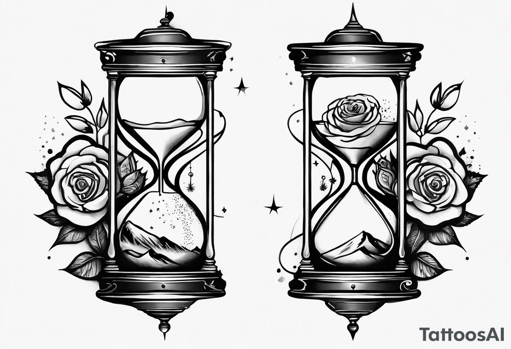 I want a design for printing on t-shirts, the design is an hourglass with a hand clock in the middle with Amazigh numbers, and these two main elements are mixed with thorny roses and planets tattoo idea