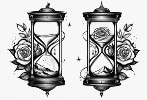 I want a design for printing on t-shirts, the design is an hourglass with a hand clock in the middle with Amazigh numbers, and these two main elements are mixed with thorny roses and planets tattoo idea