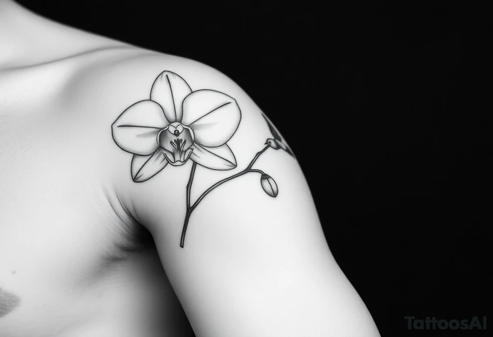 A delicate, black and white fine-line tattoo for male, featuring gracefully detailed 2 orchids in full bloom including their stems, with soft, intricate petals and elegant curves. Beside it, a hummingbird hovers mid-flight, its wings drawn with subtle motion lines, its slender beak reaching toward the orchid’s center to drink its nectar. on the other flower there is a bee that is resting tattoo idea