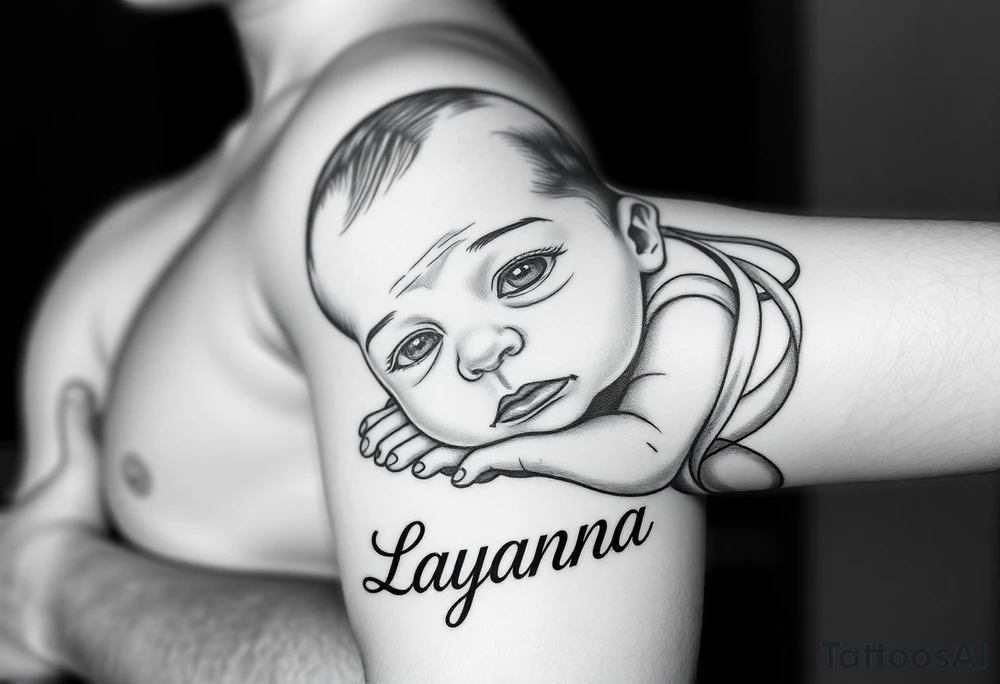 Baby girl newborn with just the eyes with the name layanna at the bottom of it tattoo idea