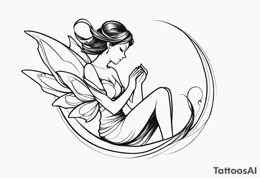 Minimalistic, monochromatic fairy with a tail flying to the left in a fetal position, leaning and looking in the same direction, with visible hands, embodying the 'Fairy Tail' logo aesthetic. tattoo idea