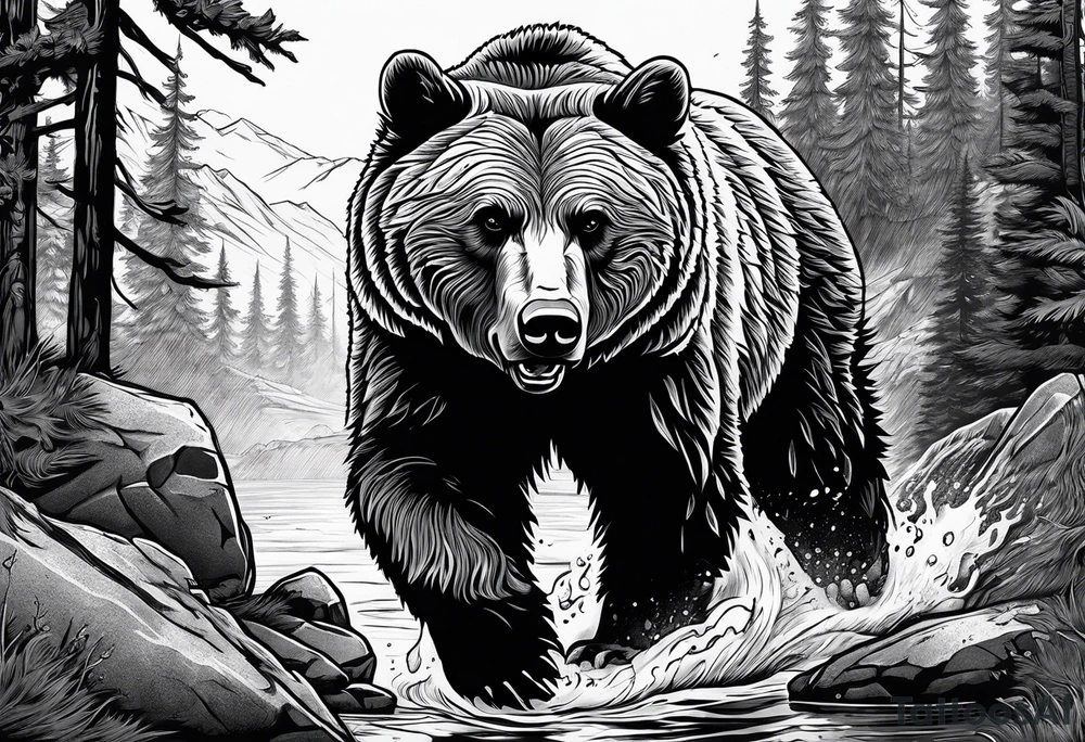 A grizzly bear hunting wolves in the wild tattoo idea