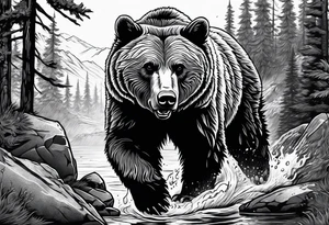 A grizzly bear hunting wolves in the wild tattoo idea