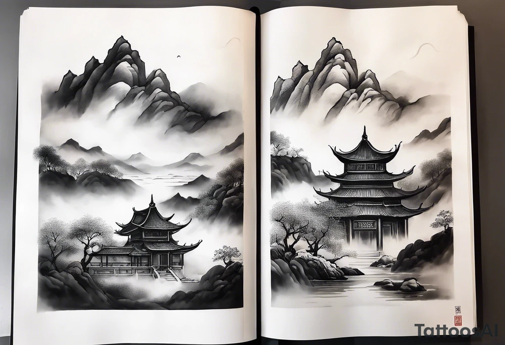 forearm sleeve traditional chinese art painting style autumn mountains mist fog water Chinese temple 2 male monks wearing robes  drinking tea tattoo idea
