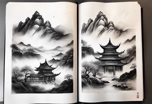 forearm sleeve traditional chinese art painting style autumn mountains mist fog water Chinese temple 2 male monks wearing robes  drinking tea tattoo idea