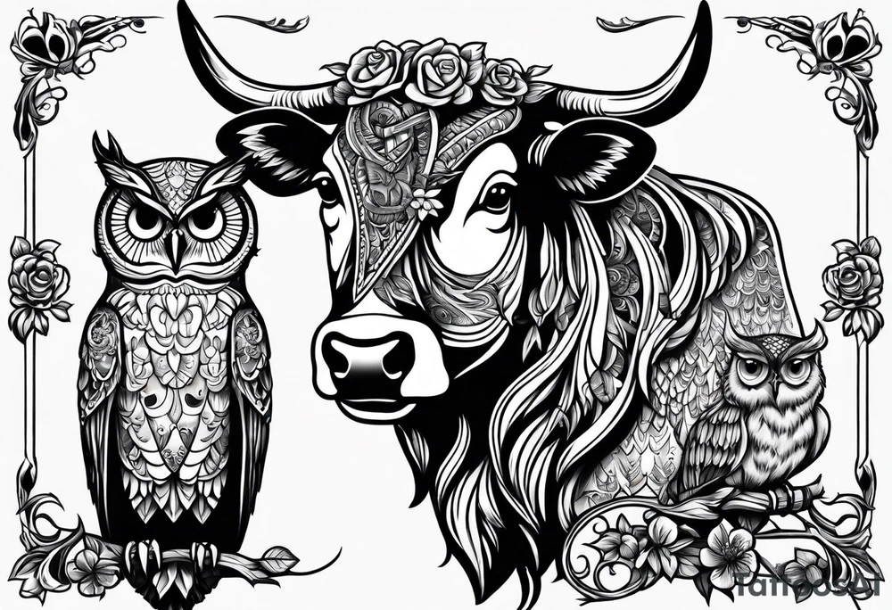 a cow and an owl standing next to each other tattoo idea
