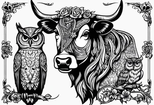 a cow and an owl standing next to each other tattoo idea