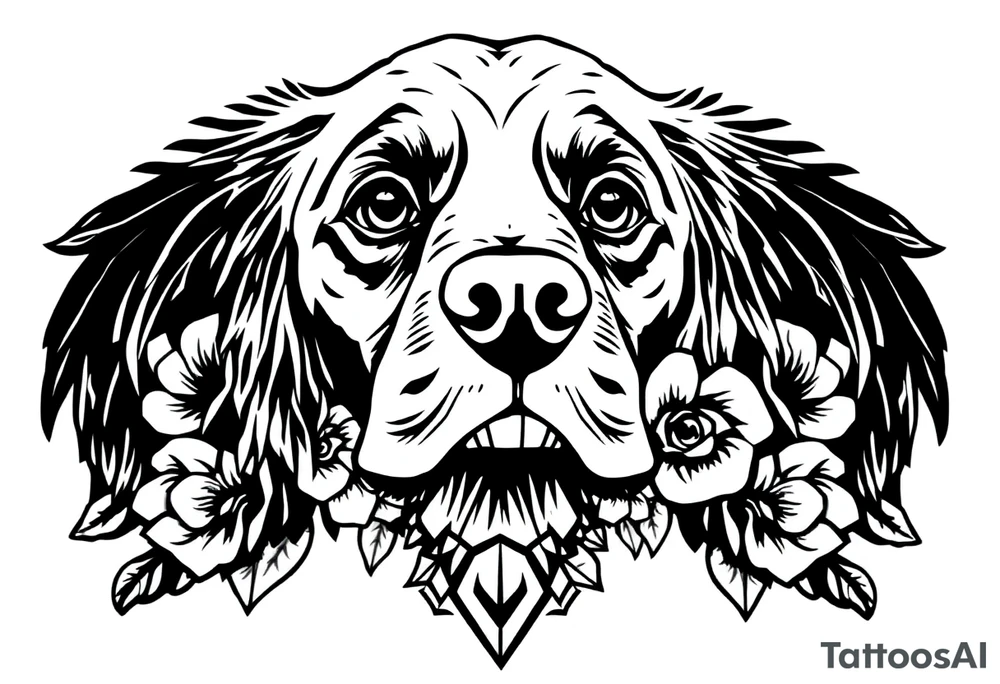 Female Cocker spaniel head with gothic flowers and geometric boarder tattoo idea