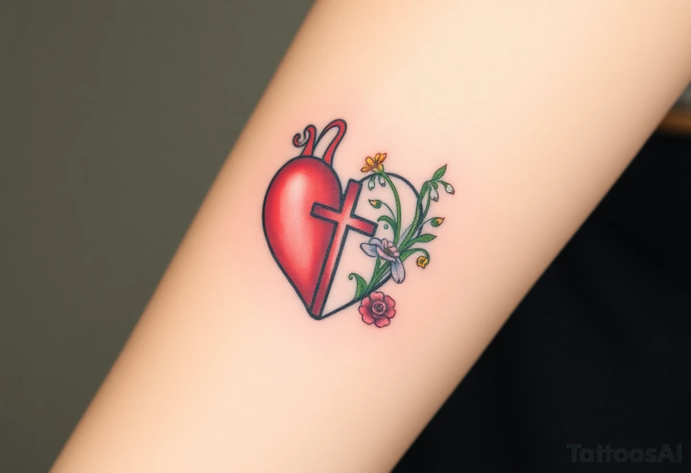 tattoo with heart
: one side representing death and the other life. (from death to life) with a simple cross down the middle. The life side I'd like the following flowers growing out of it: Morning Glory, Lily of the Valley, Daffodil, Rose, Poppy, and Iris tattoo idea